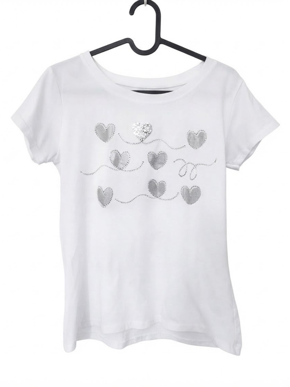 Y2K White Sequin Heart Graphic Tee Size S/M Cute Top